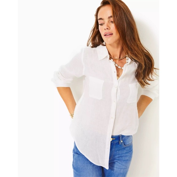 Sea View Linen Button Down Shirt - Capri Blue Roseys Petals main image 0